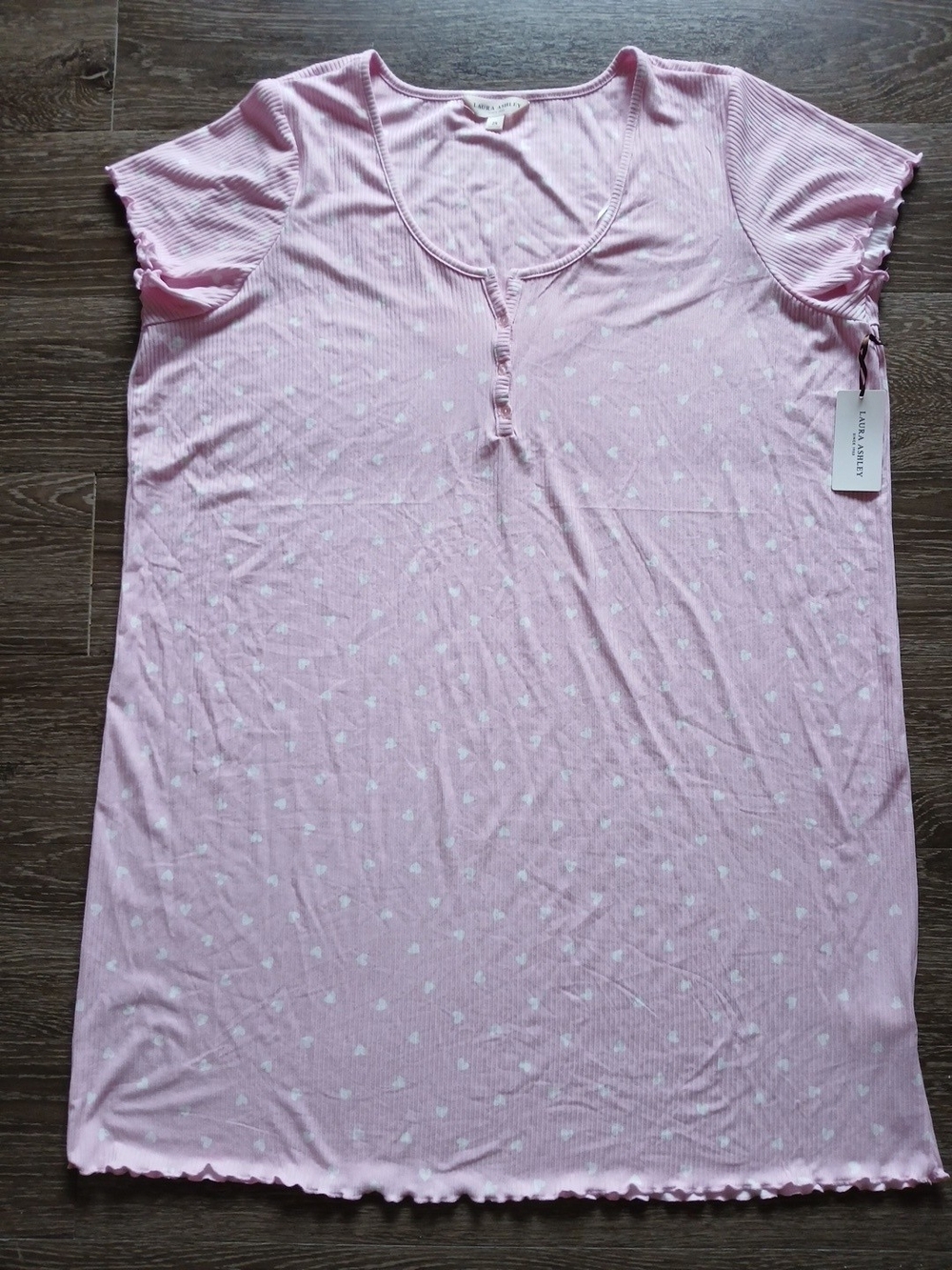 Laura Ashley Pink Ribbed Short Sleeve Nightgown with White Heart Print NWT